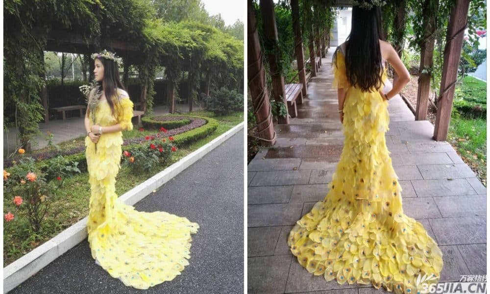 Chinese Students Spent 6 Months Creating Gorgeous Dress Out Of 6,000 Plant Leaves